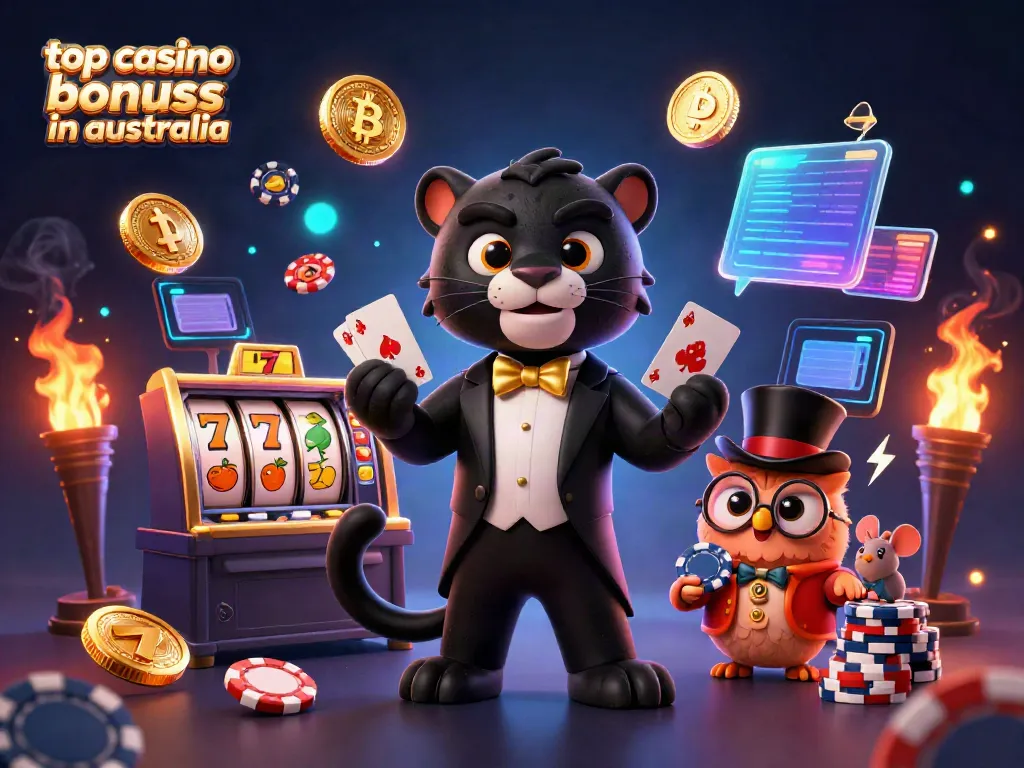 Experience the excitement with top casino bonuses in Australia, featuring vibrant 3D characters and slot elements.