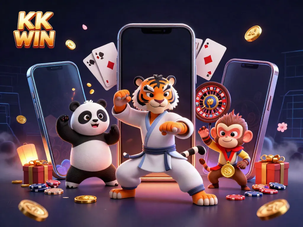 KK WIN showcases a vibrant 3D scene with a kung fu tiger and friends celebrating wins in an exciting online casino environment.