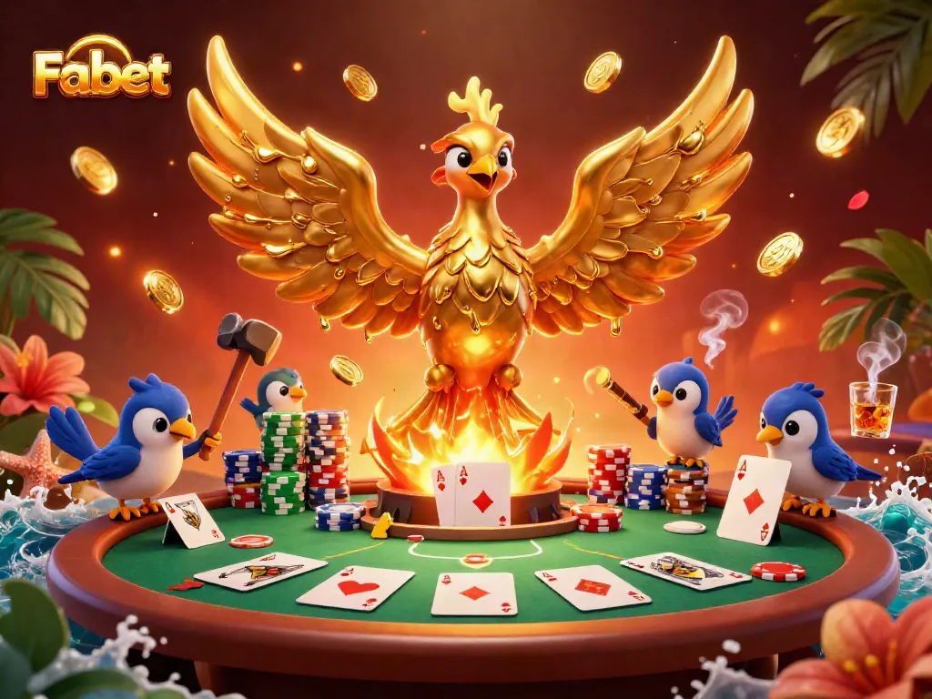 Fabet showcases a dynamic 3D scene with a golden phoenix and poker elements, embodying the online betting excitement.