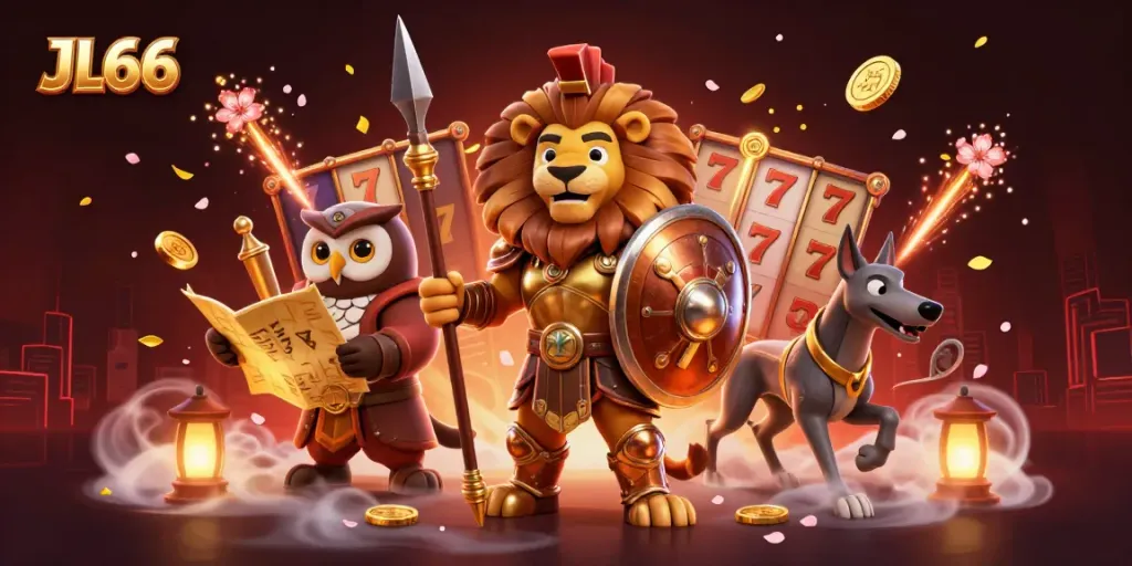 Engage with JL66 casino's thrilling slots in a vibrant 3D scene featuring a heroic lion and strategic owl.